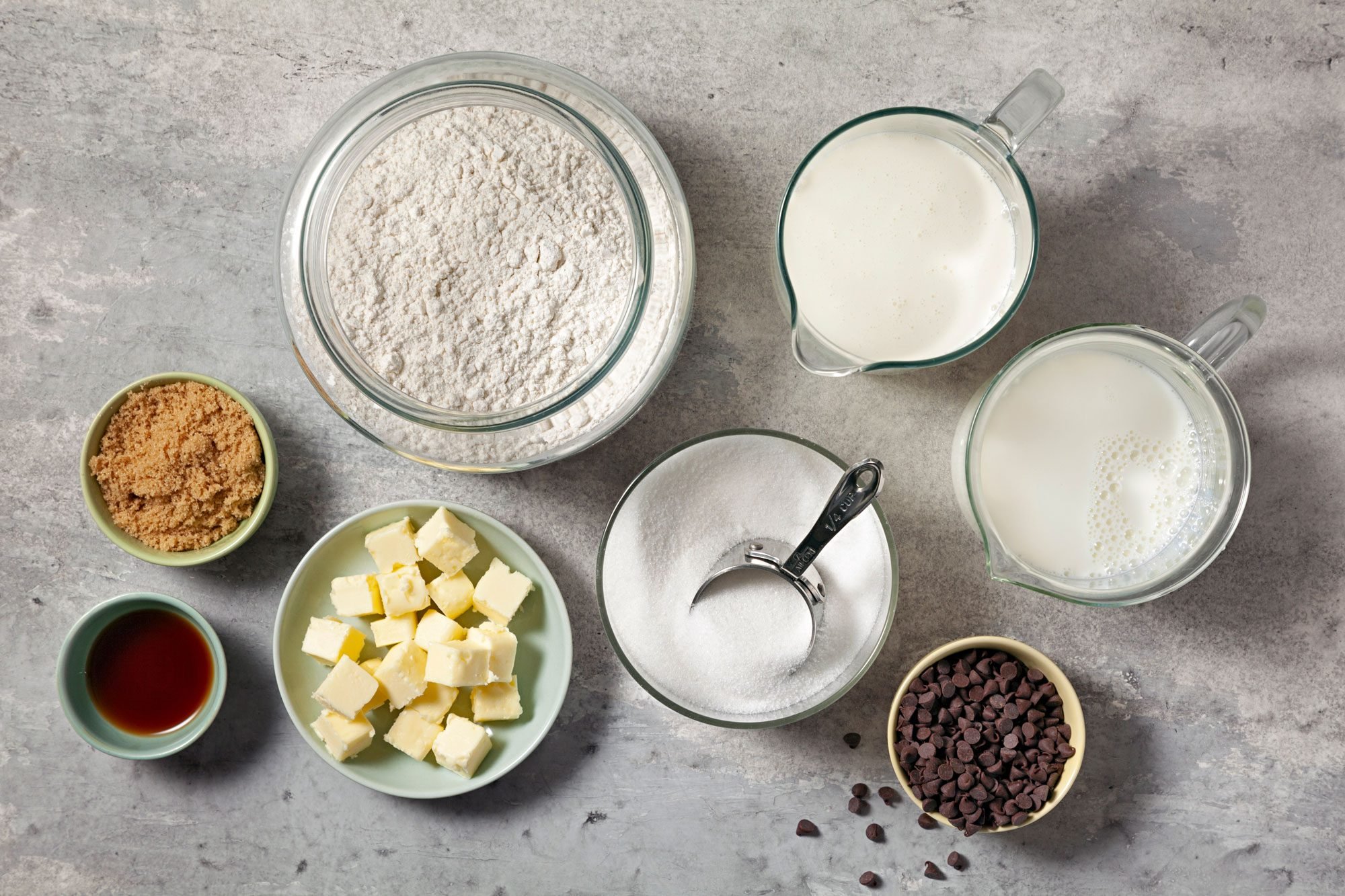 overhead shot; grey background; Easy Cookie Dough Ice Cream ingredients placed over background;