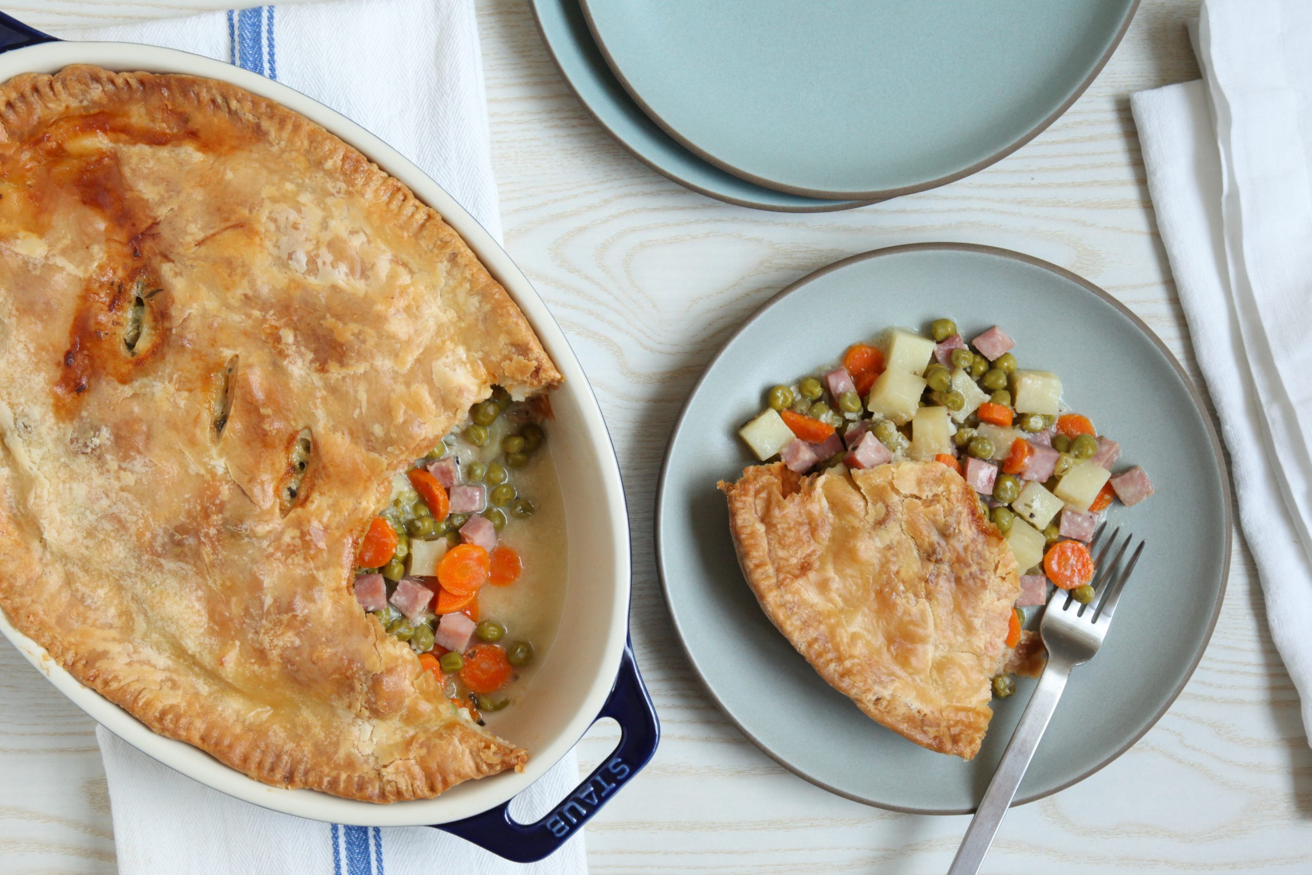 Ham potpie on a blue plate