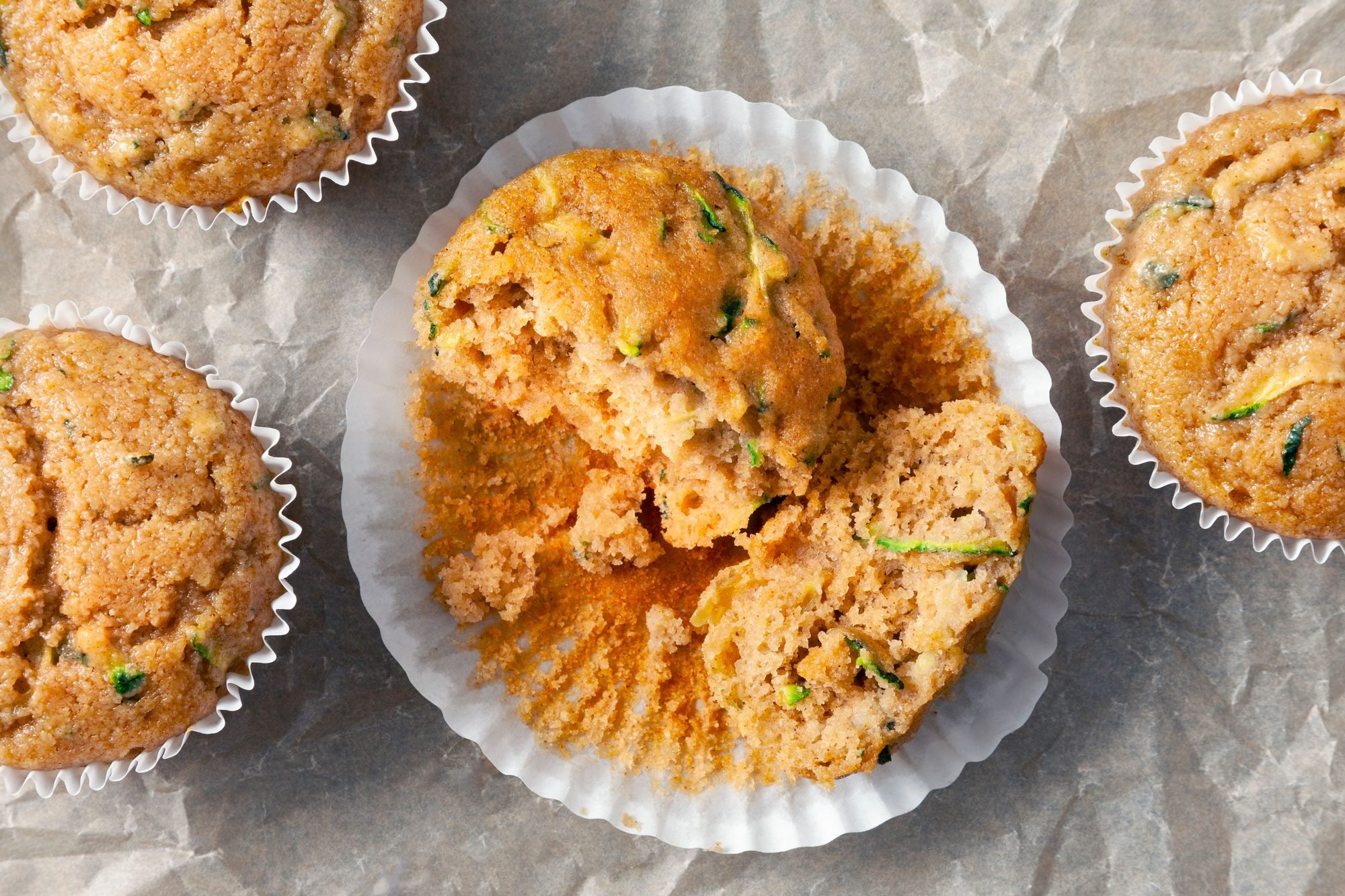 overhead shot of zucchini muffin