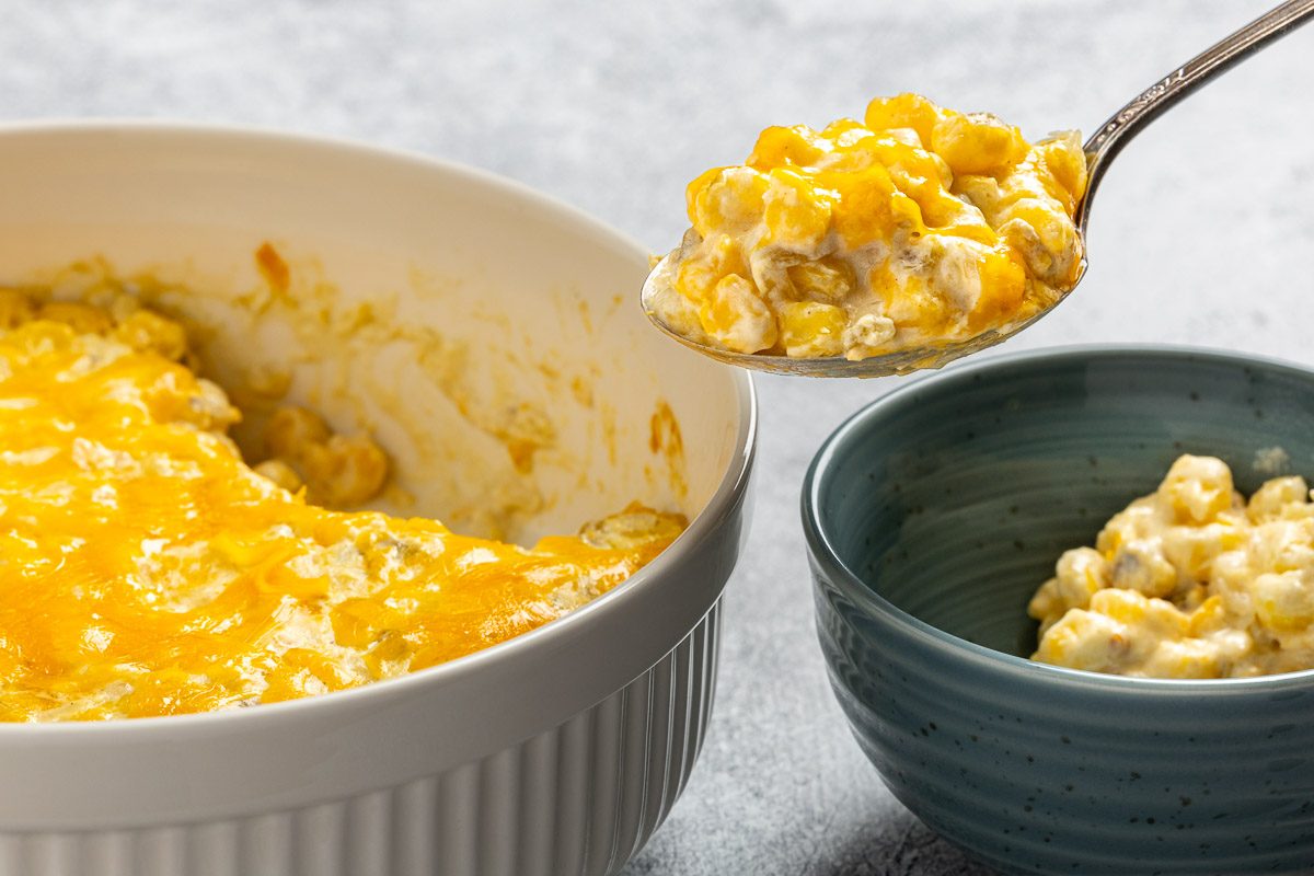 Taste of Home Hominy Casserole recipe photo of final recipe served in bowls.