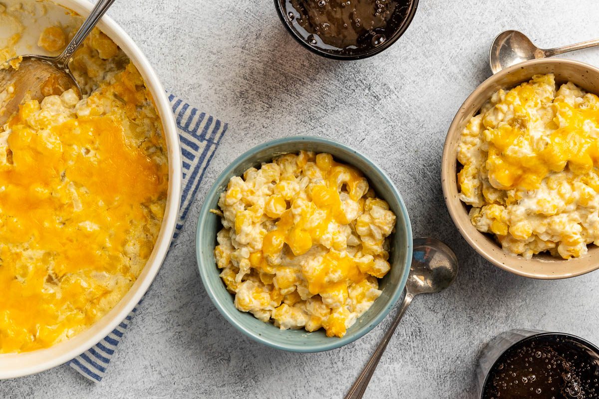 Taste of Home Hominy Casserol recipe photo of final recipe served in bowls.