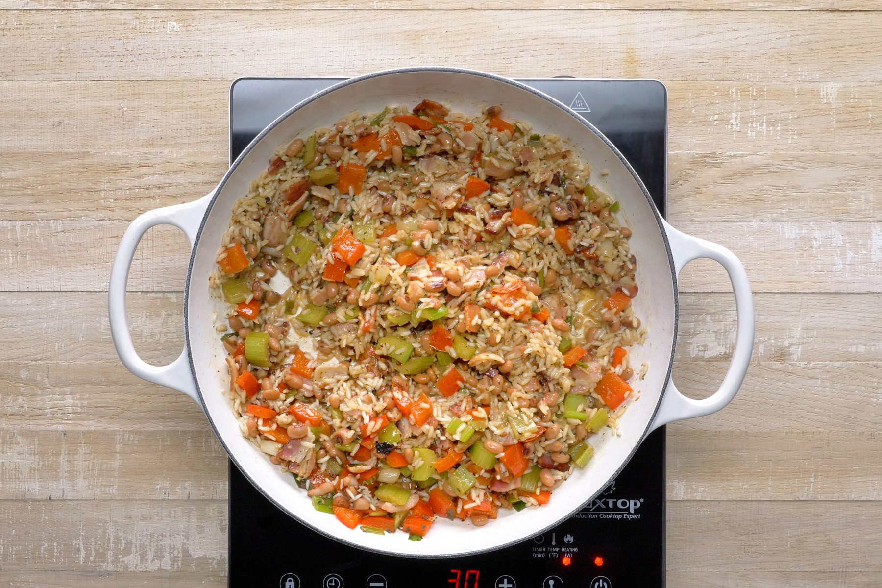 Top view shot of hoping John cooked in a large skillet