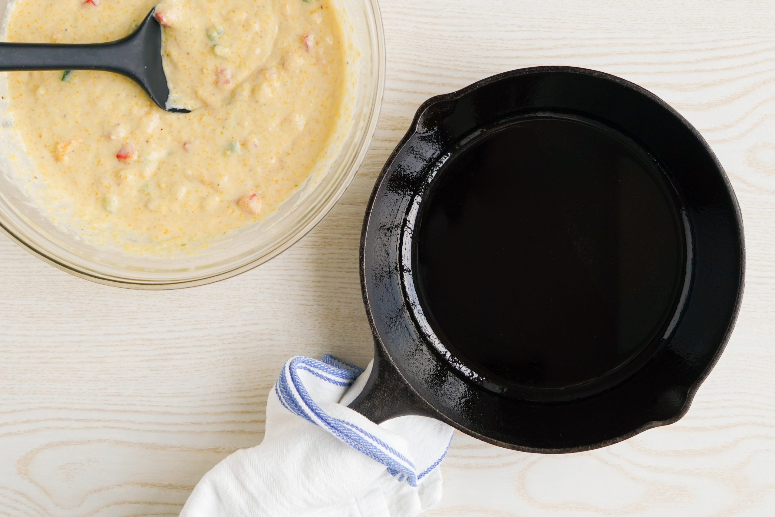 Cornbread batter ready to add to a cast iron skillet