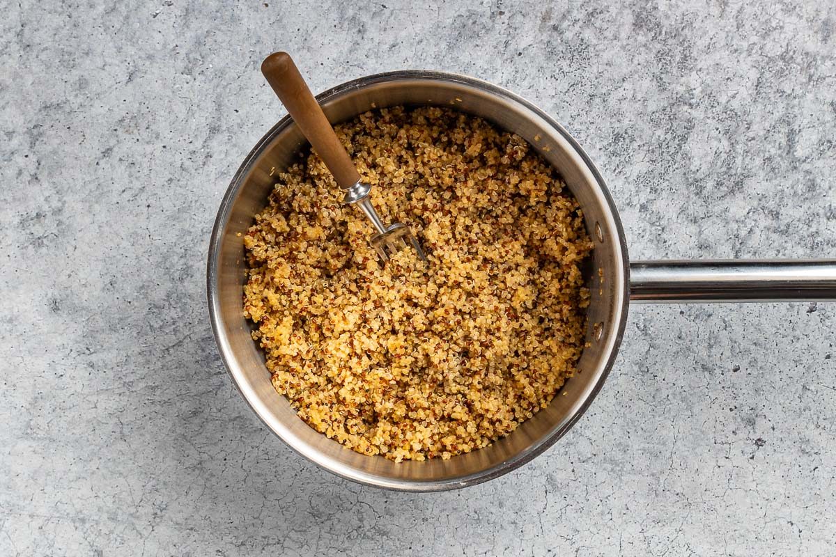 Taste of Home Kale Quinoa Salad recipe photo of the quinoa cooked in a saucepan.