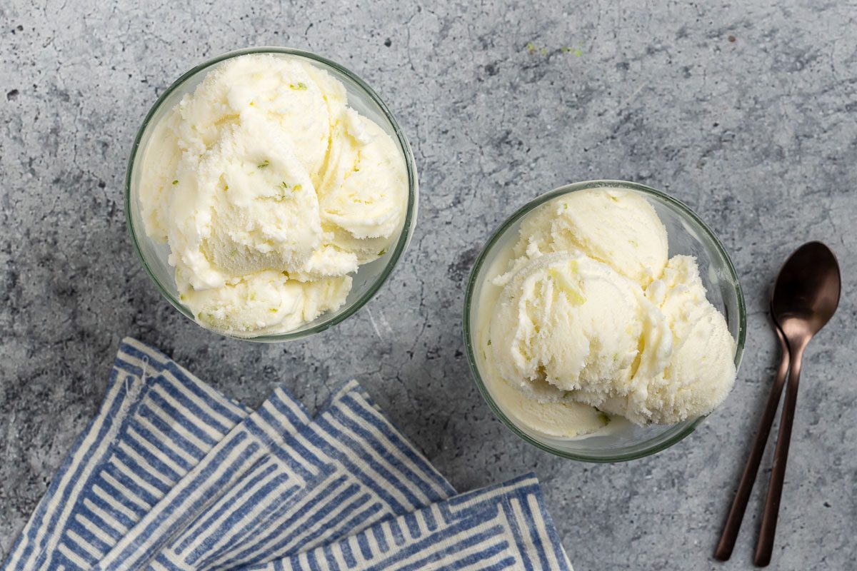 Taste of Home Lime Sherbet recipe photo of the finished sherbet scooped into small bowls.