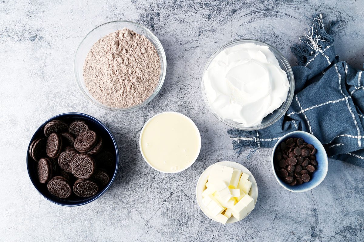 Ingredients laid out in bowls for Taste of Home's Oreo Dump Cake.