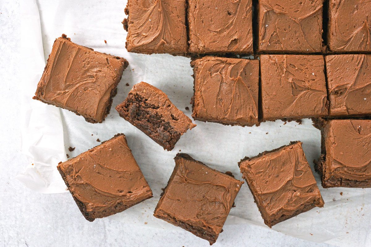 frosted brownies cut into squares, top view