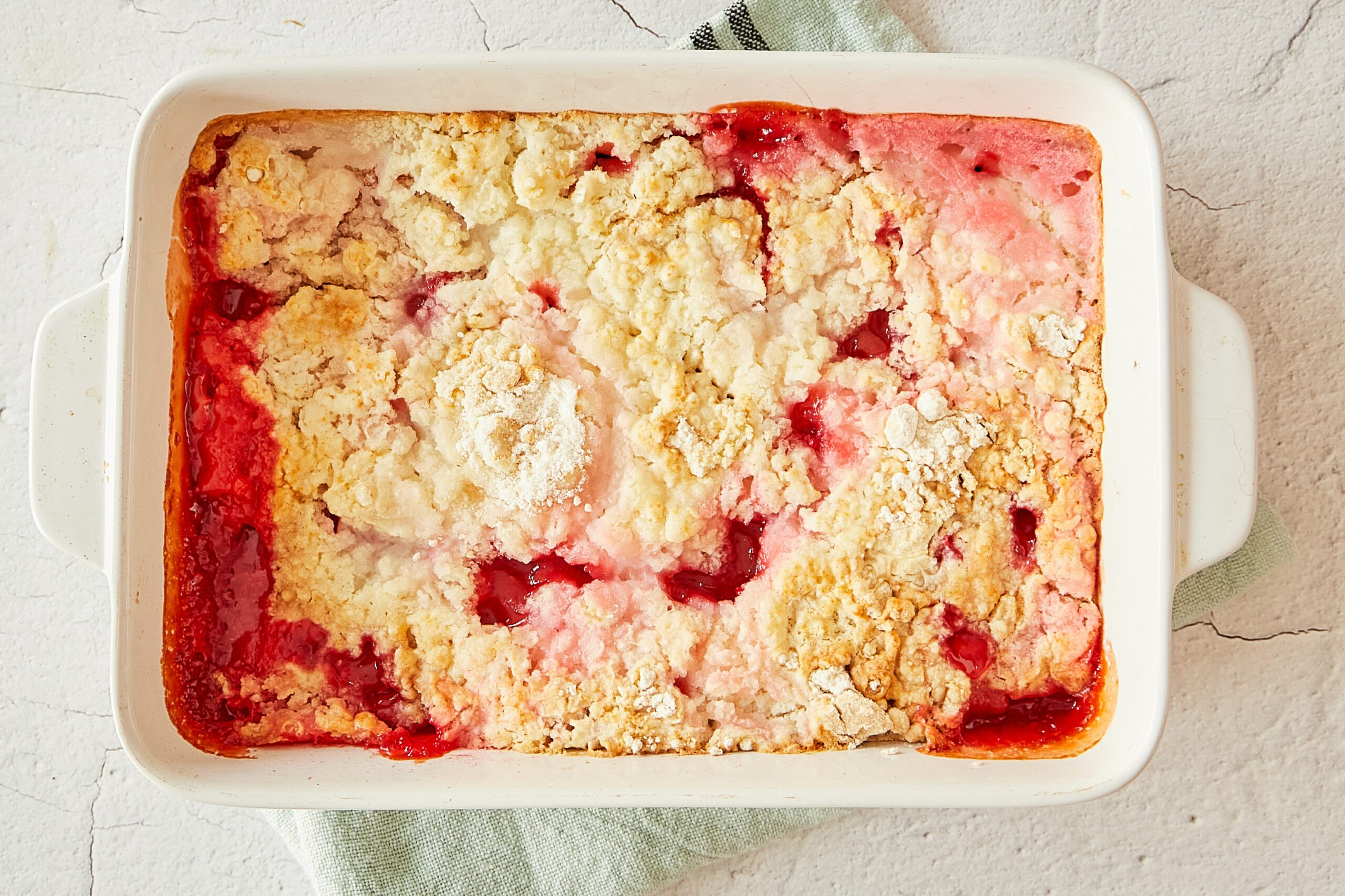 This rhubarb dump cake is a fun twist on a classic favorite.