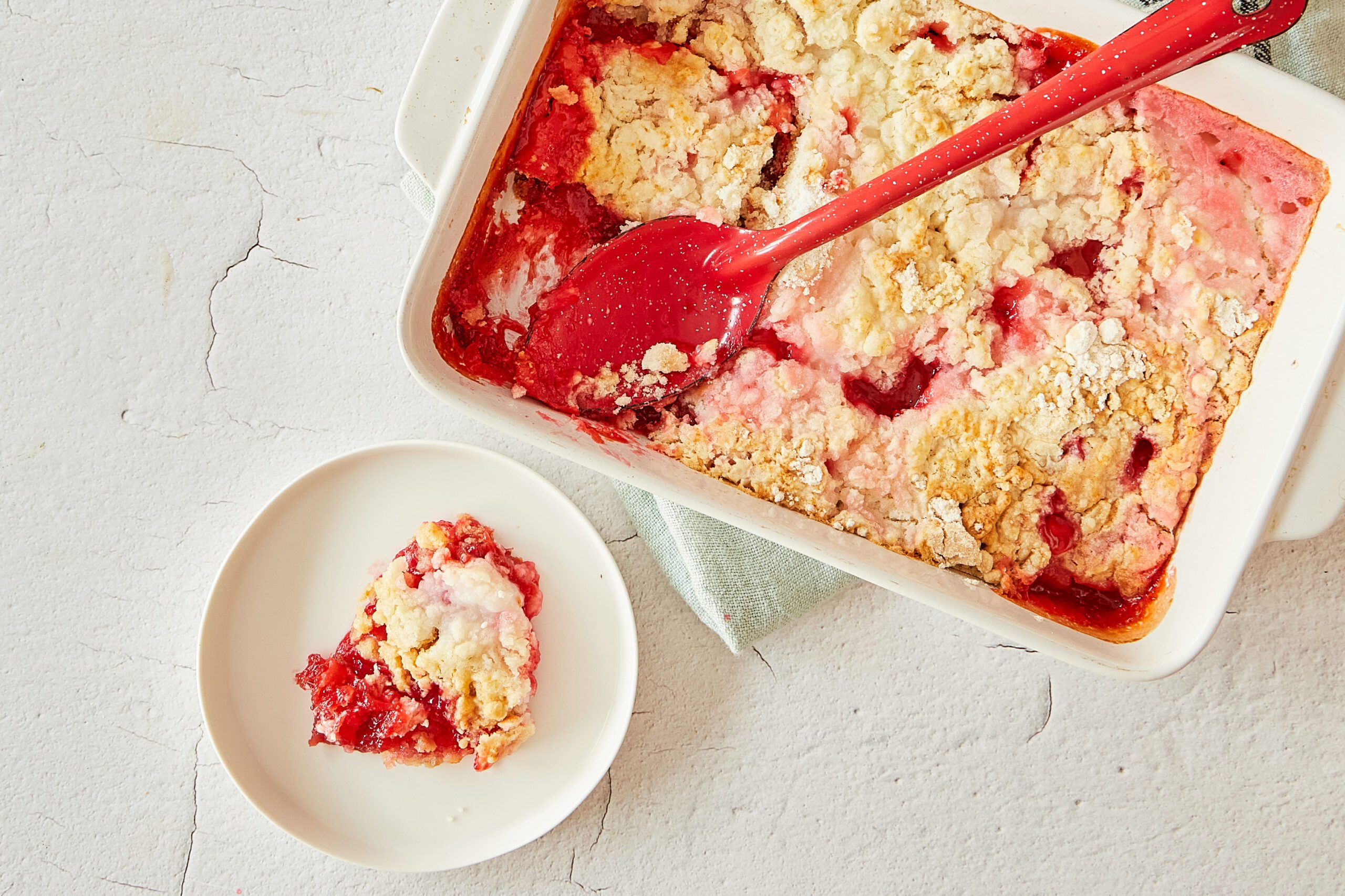 This rhubarb dump cake is a fun twist on a classic favorite.