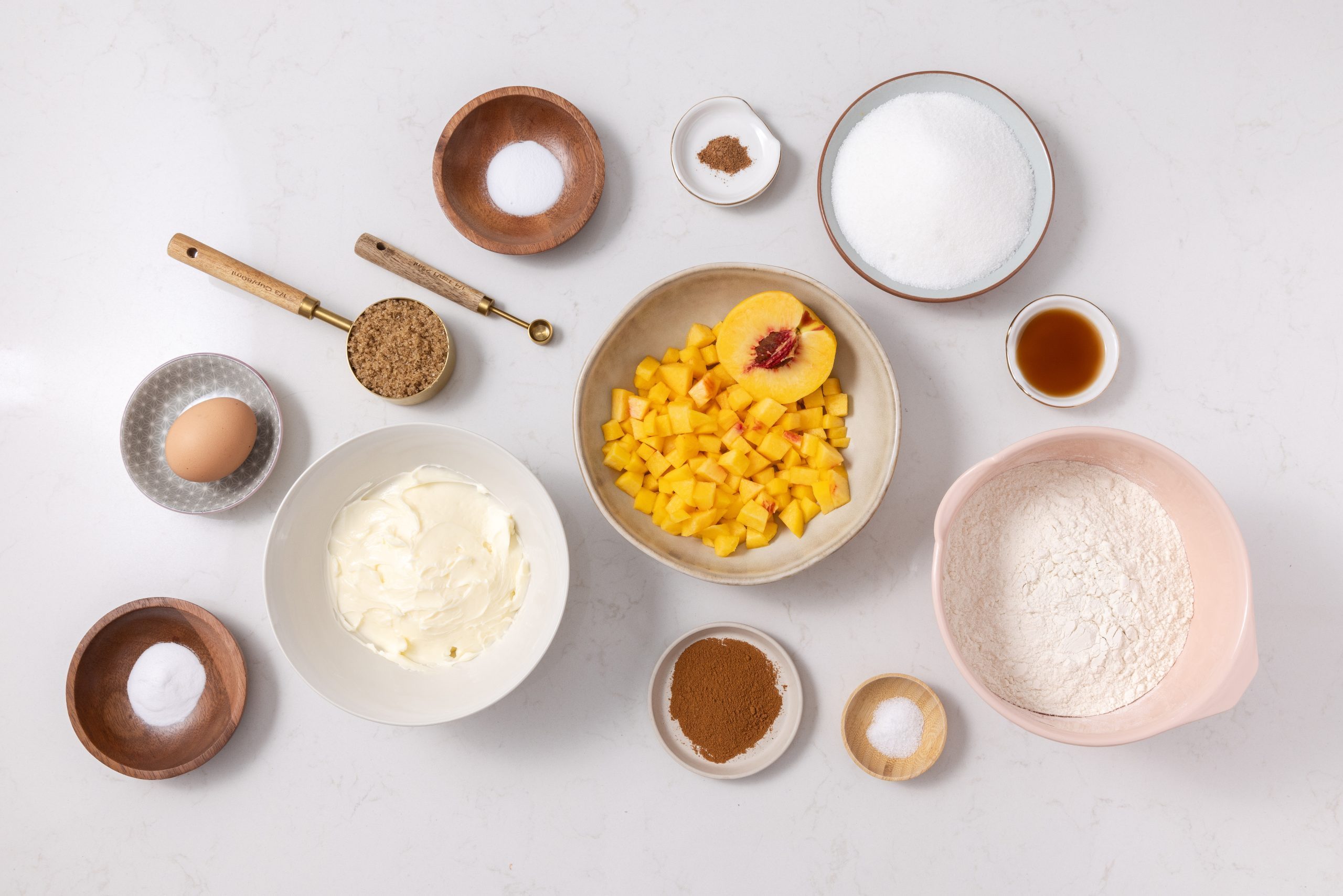 Ingredients for peach cobbler cookies on kitchen counter.