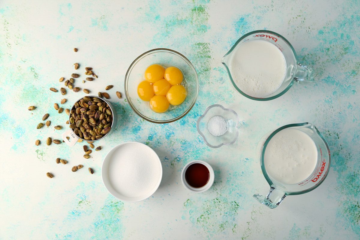 Ingredients laid out in bowls for homemade Pistachio Ice Cream from Taste of Home, a creamy and delicious dessert that everyone will love.