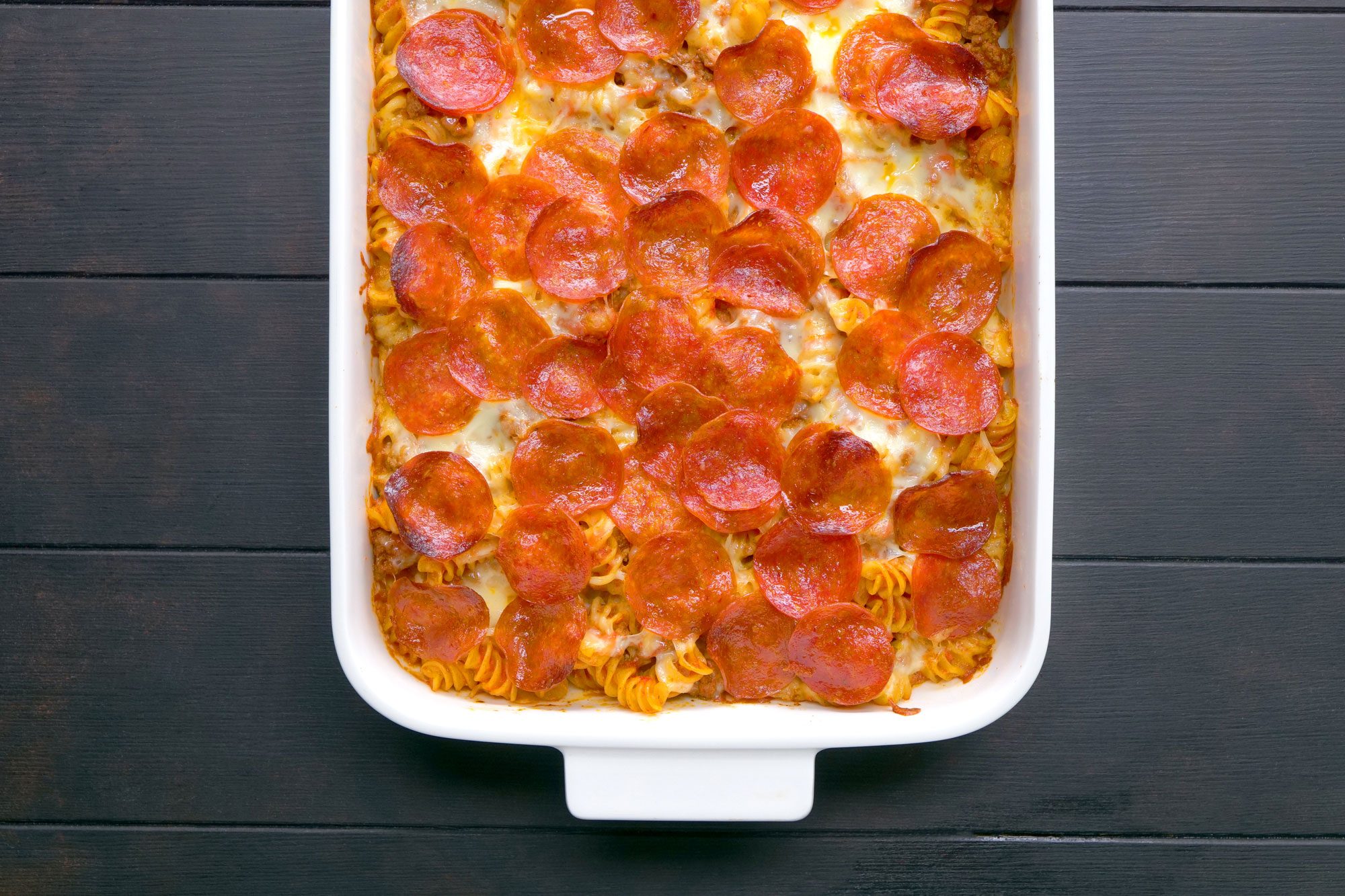 Pizza Casserole in a baking dish