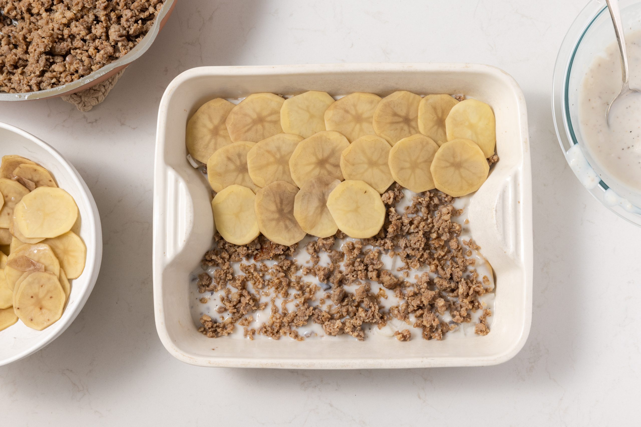 Casserole assembled in baking dish.