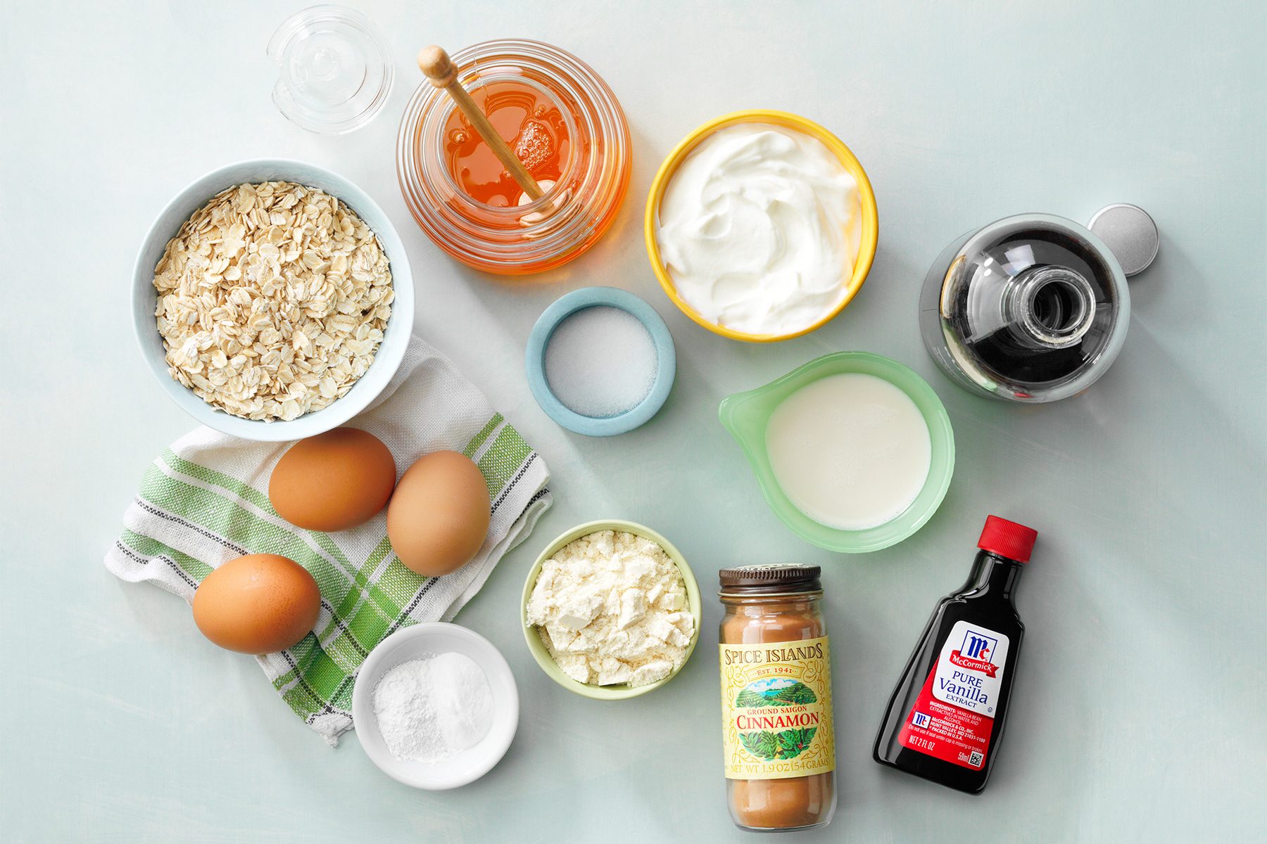 Ingredients for Protein Waffles on blue background