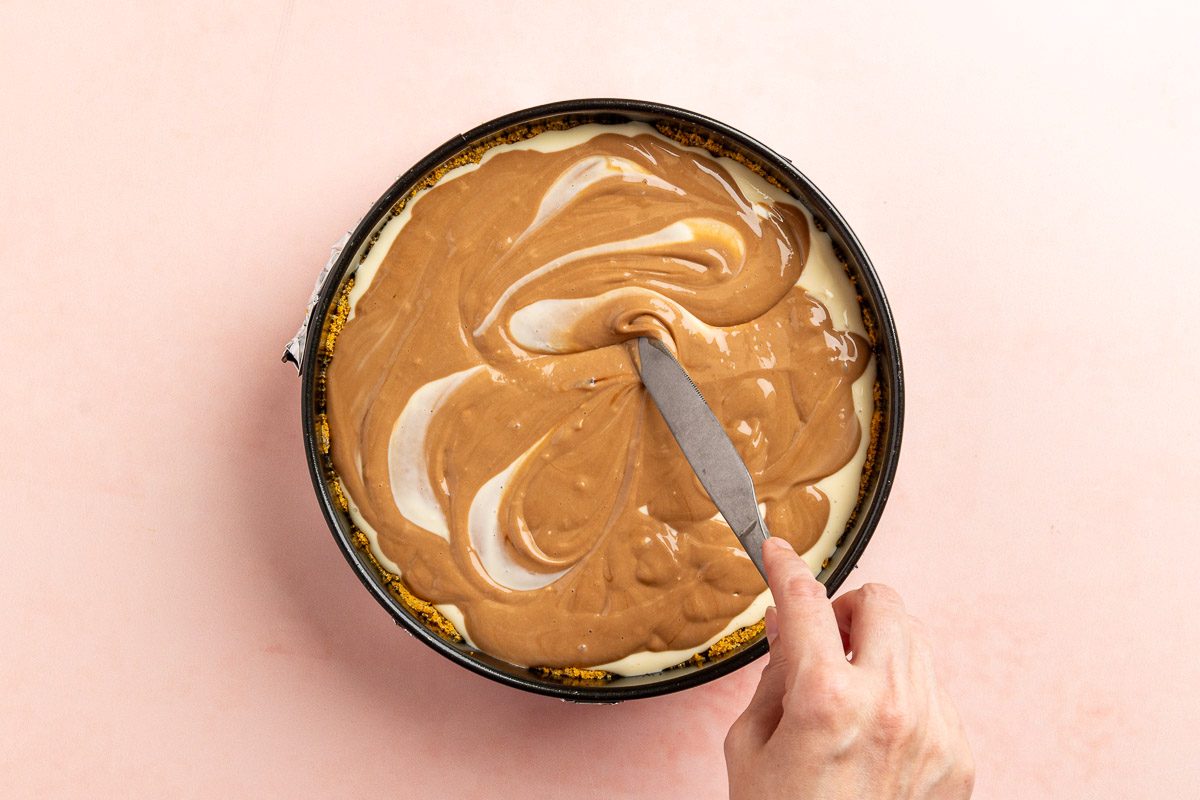 Taste of Home Reese's Cheesecake recipe photo of the fudge swirl.