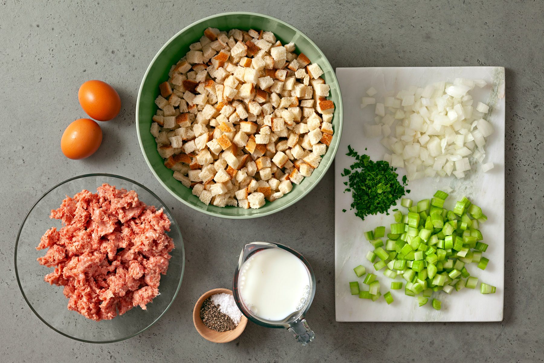 milk, bread, eggs, parsley, sausage, celery and onion