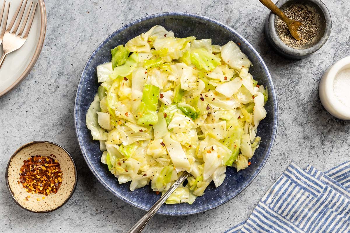 Taste of Home Sauteed Cabbage recipe photo of the finished recipe served in a serving bowl.