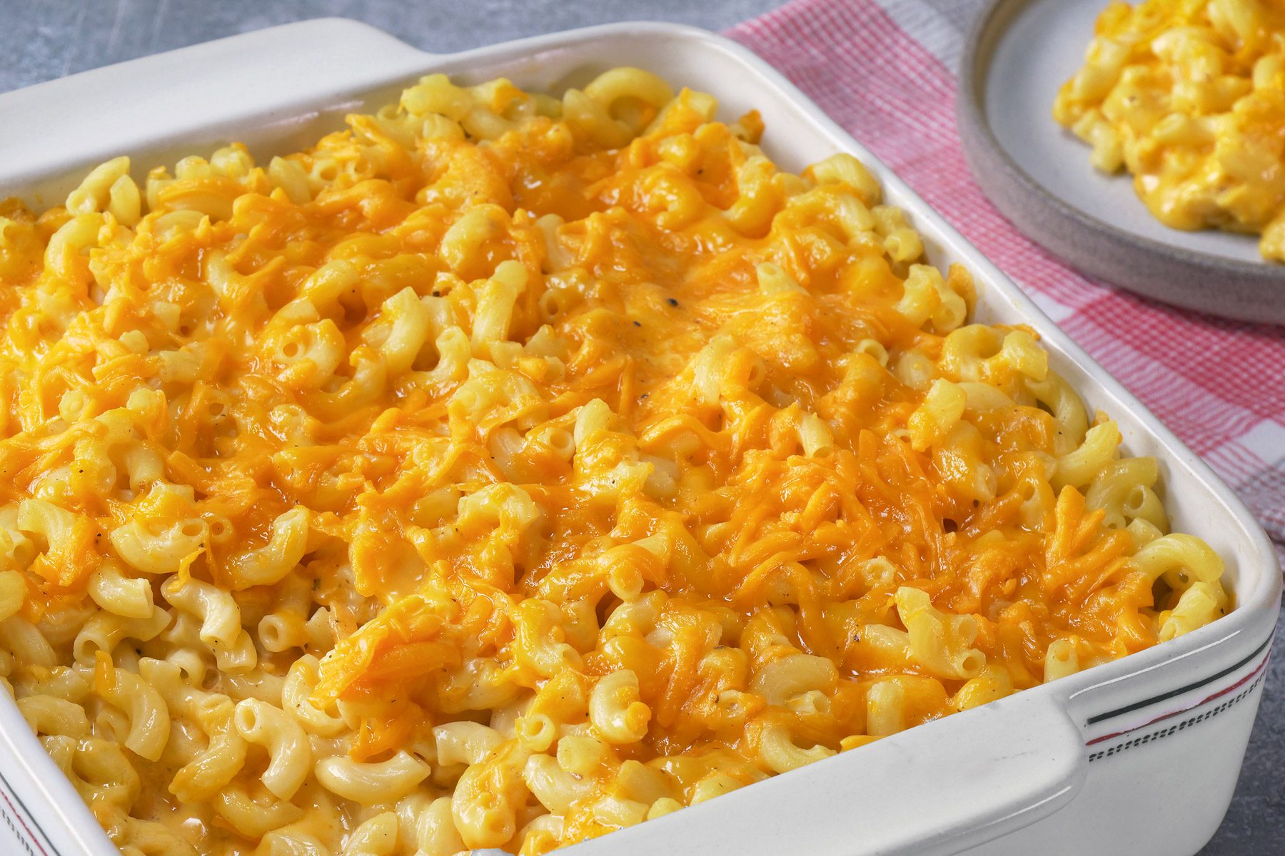 Baked macaroni and cheese in a baking dish.