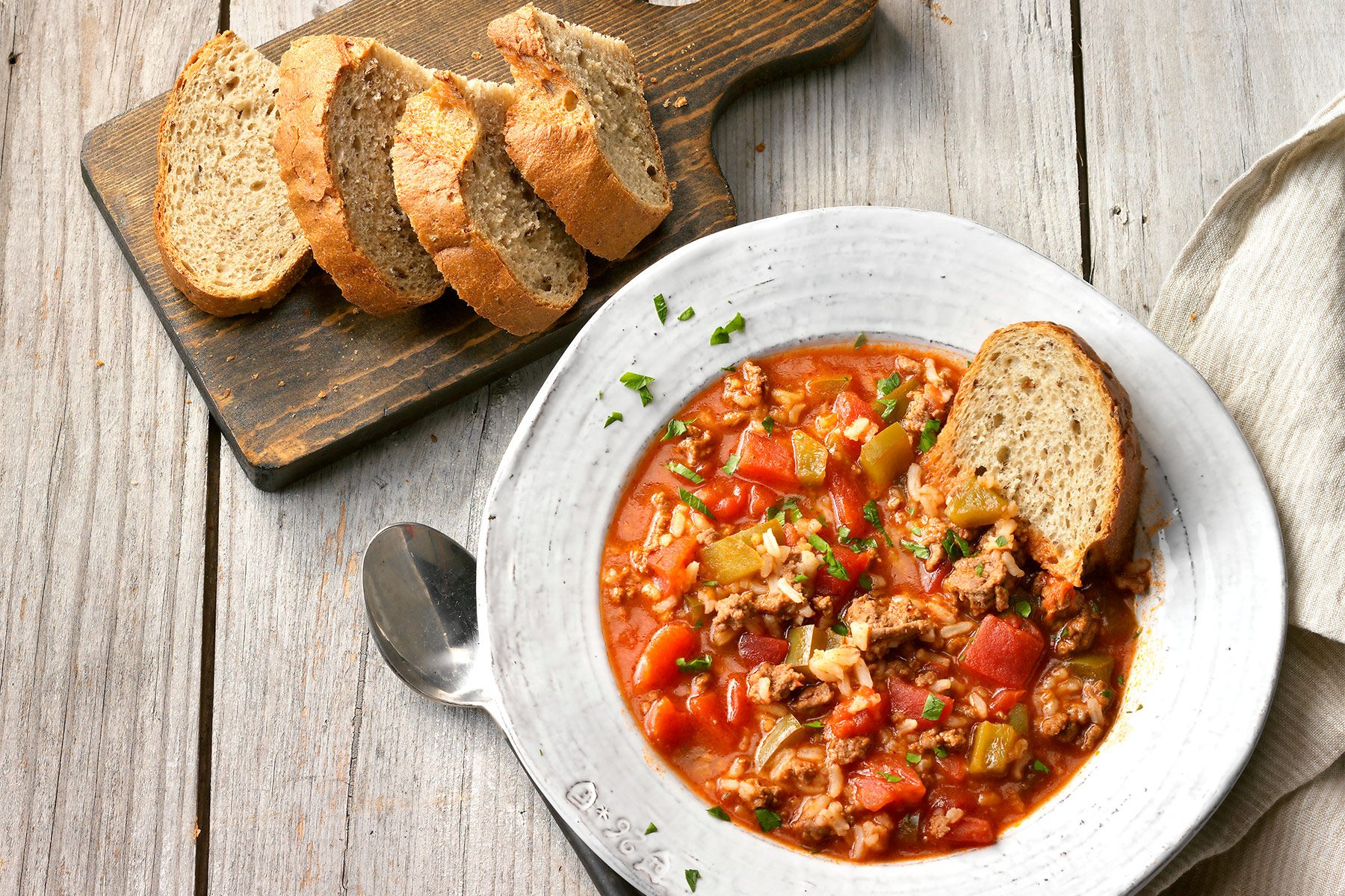 Stuffed Pepper Soup served with bread 