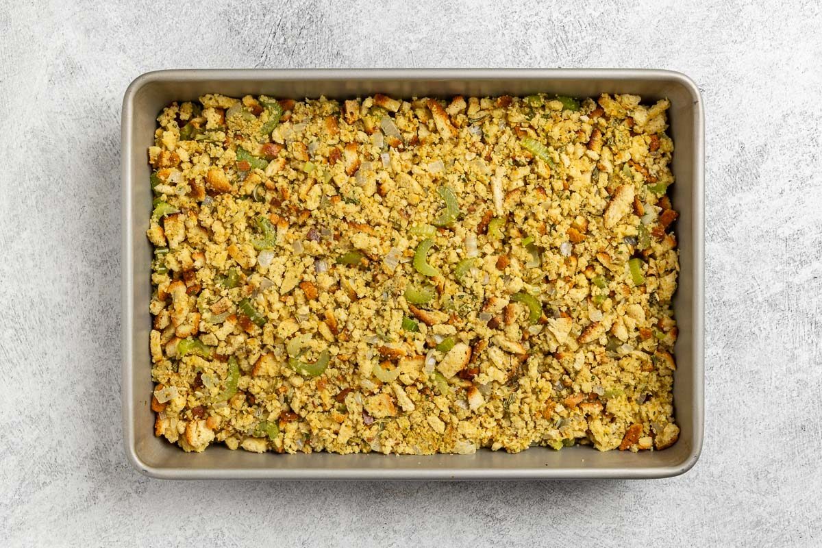 Taste of Home Thanksgiving Casserole recipe photo of the stuffing mixture in a 9 x 13 baking dish.