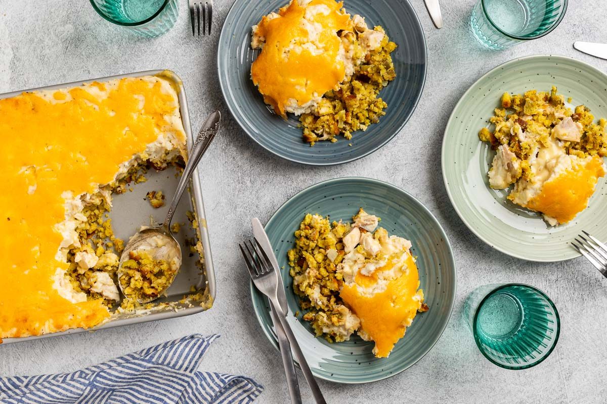 Taste of Home Thanksgiving Casserole recipe photo of the finished recipe served on plates.