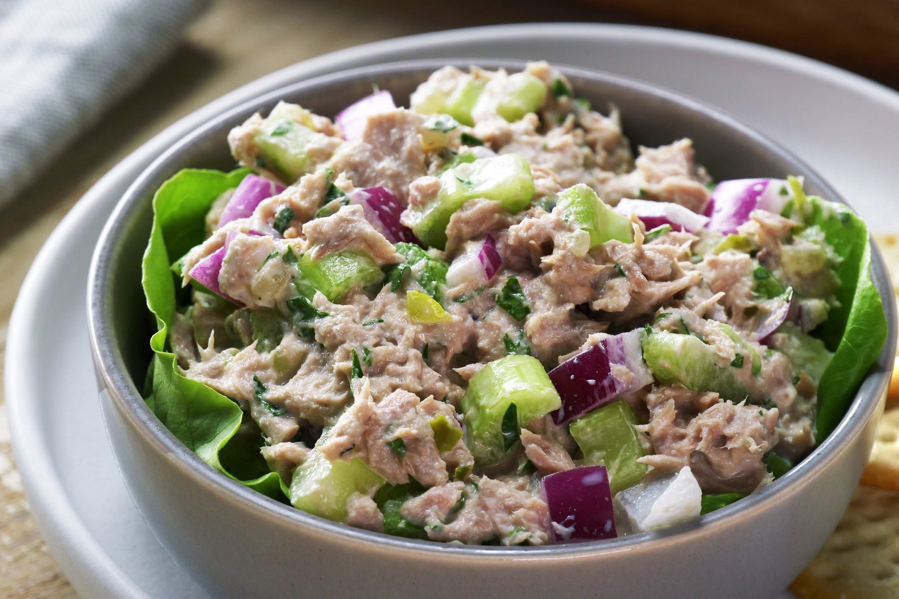 Fresh tuna salad in a white bowl