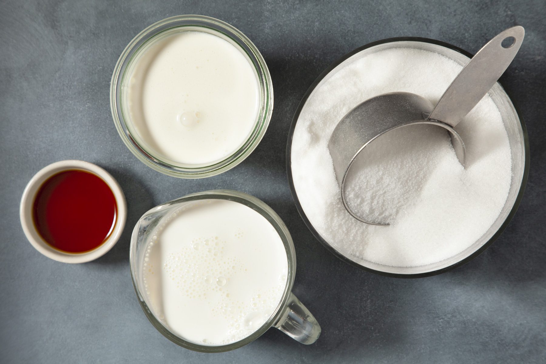 Top view shot of ingredients for vanilla ice cream 