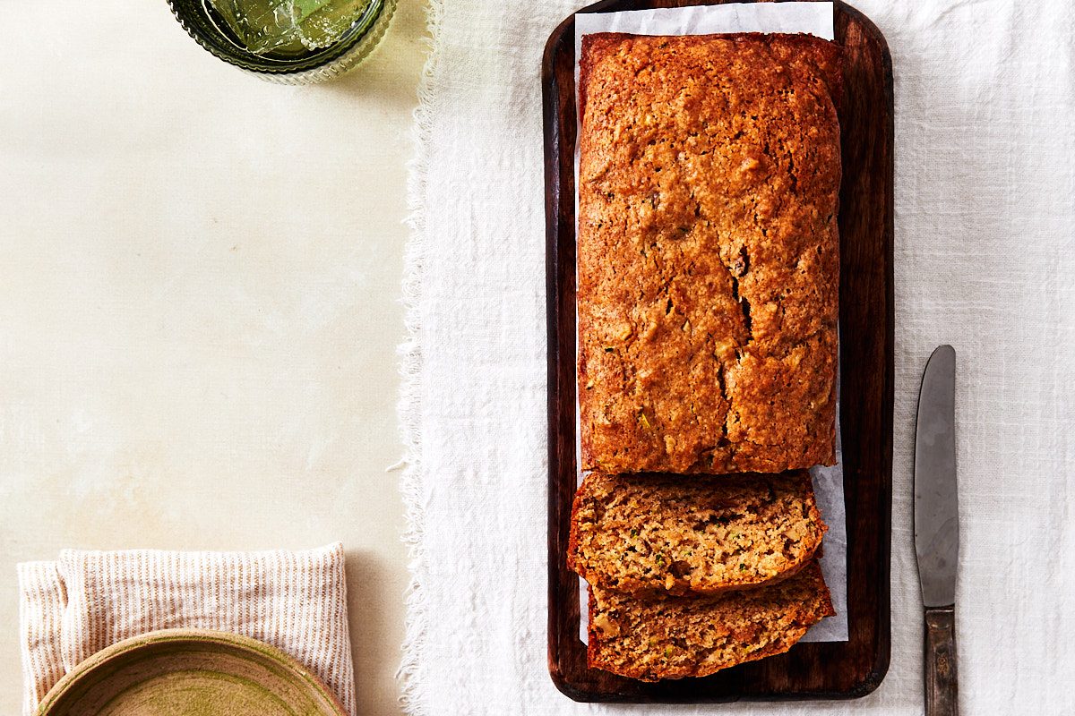 Vegan Zucchini Bread Hero; partially sliced loaf