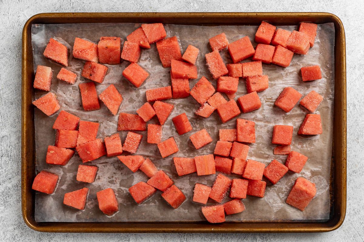 Taste of Home Watermelon Ice Cream recipe photo of the frozen cubed watermelon.