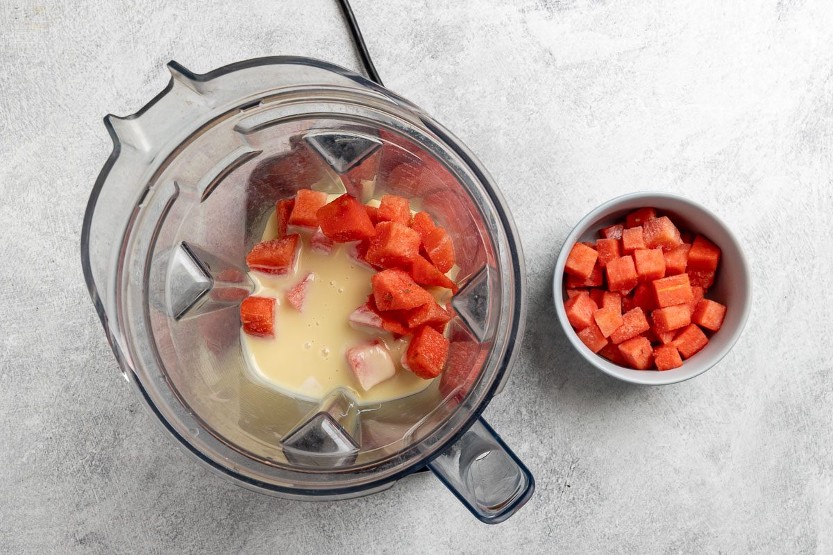 Taste of Home Watermelon Ice Cream recipe photo of pureeing the watermelon and milk.