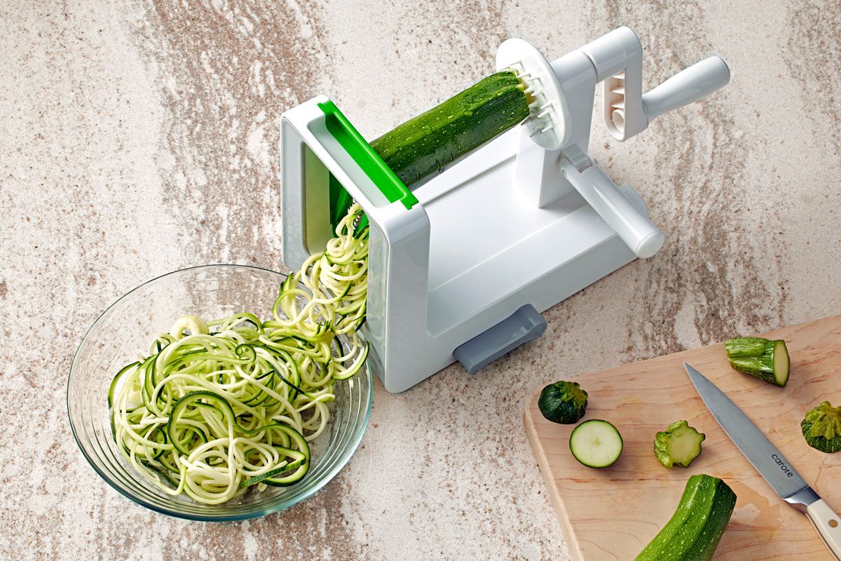 Zucchini Noodles being made with a spiralizer