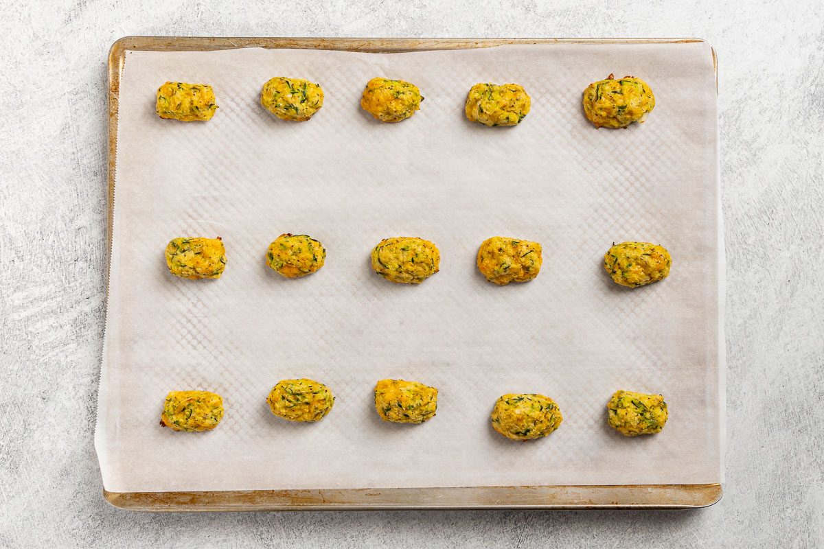 Taste of Home Zucchini Tots recipe photo the shaped and baked zucchini tots.