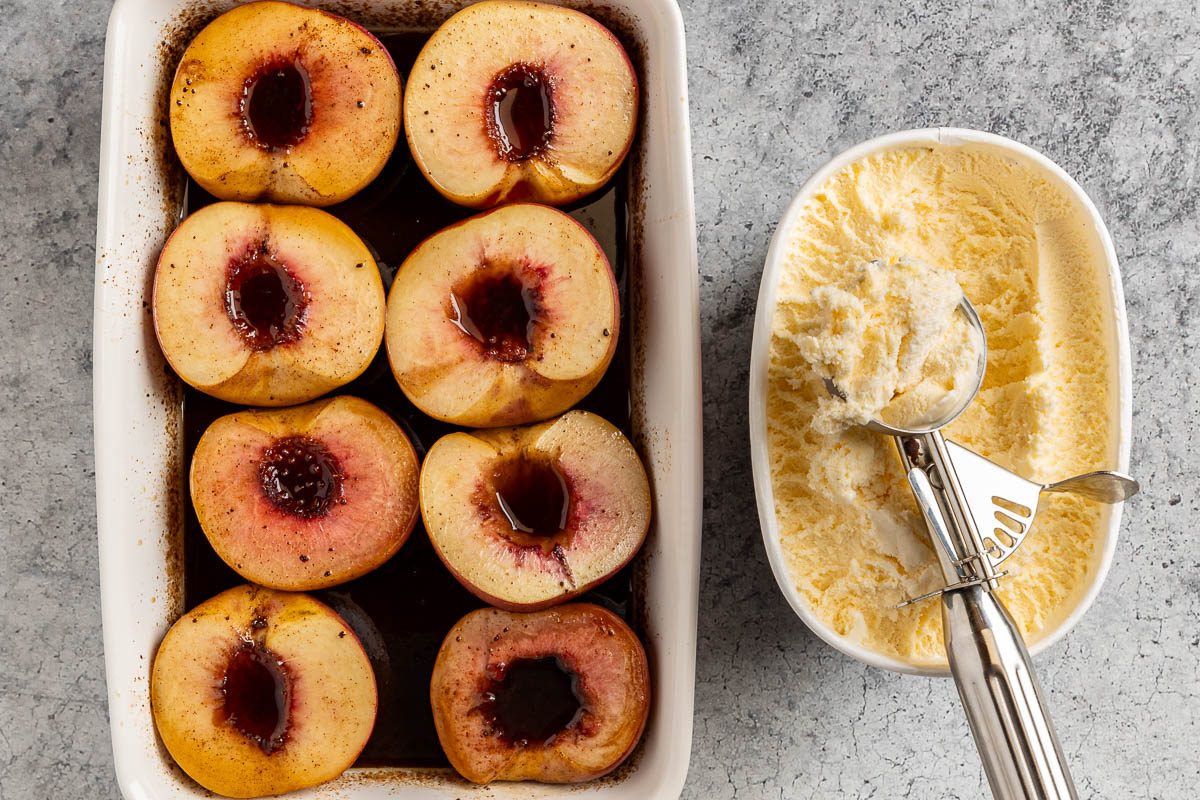 Taset of Home Baked Peaches photo of the baked peaches with ice cream.