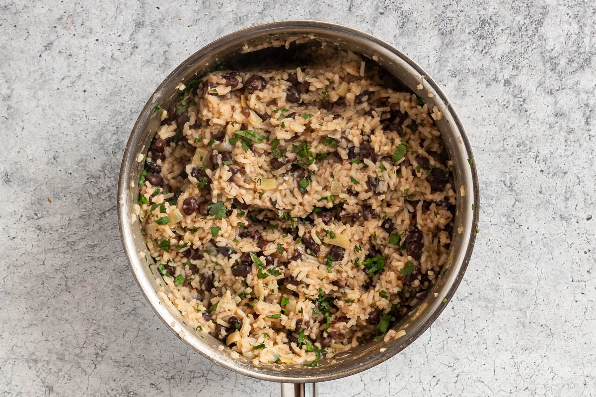 Taste of Home Black Beans and Rice photo of the cooked black beans and rice topped with fresh cilantro.