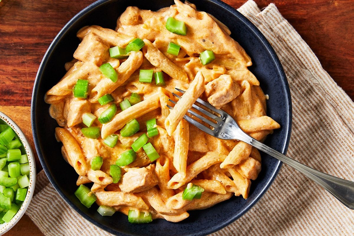 Buffalo Chicken Pasta Hero- close up of pasta in serving bowl