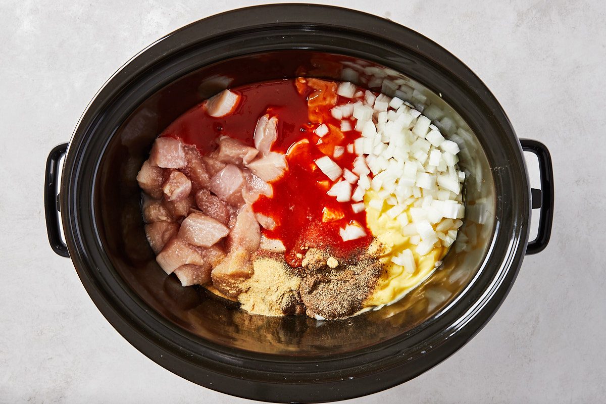 Buffalo Chicken Pasta Step 1- ingredients for sauce in slow cooker