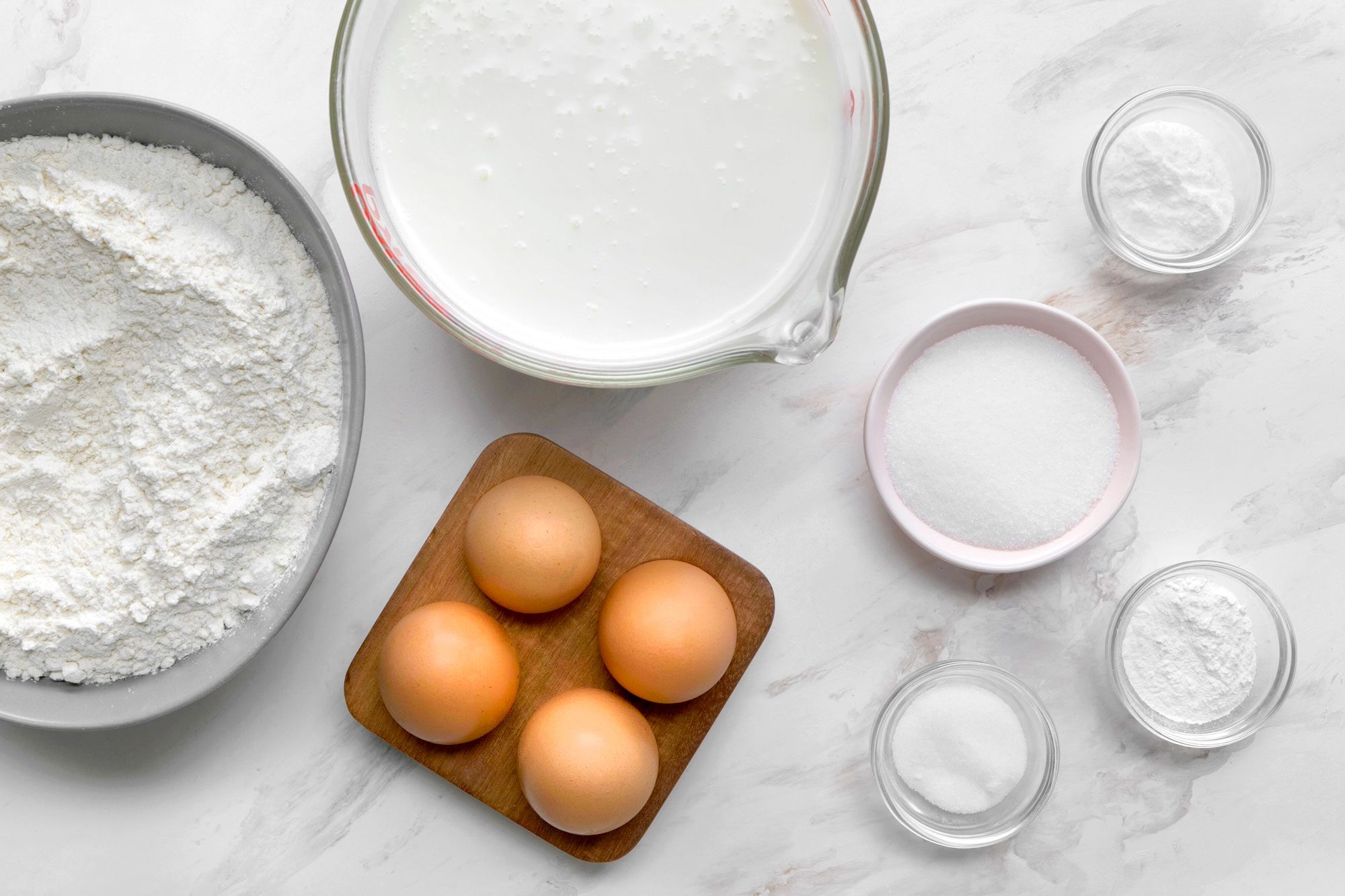 overhead shot of ingredients for Buttermilk Pancakes