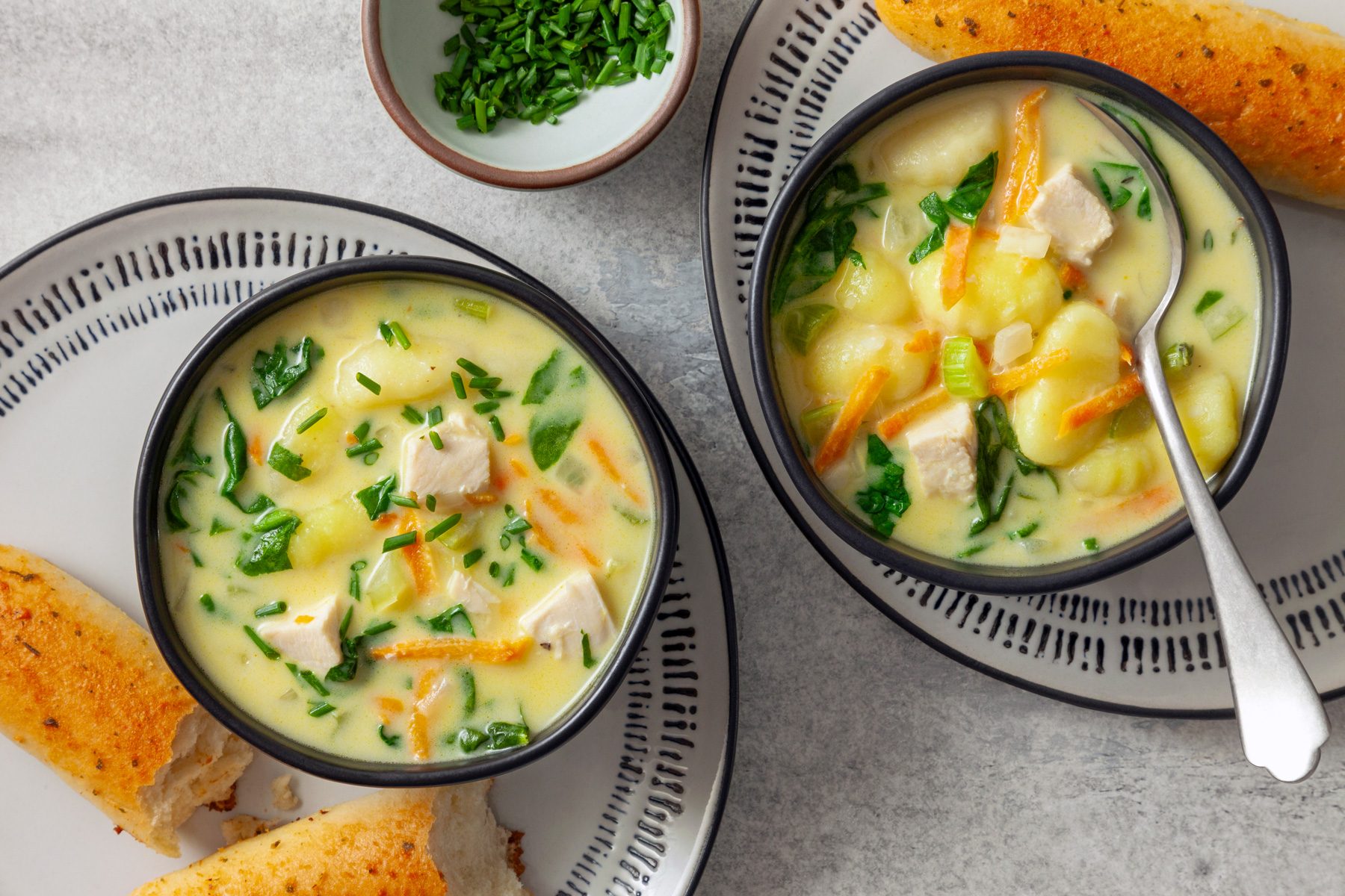 Chicken Gnocchi Soup top view shot