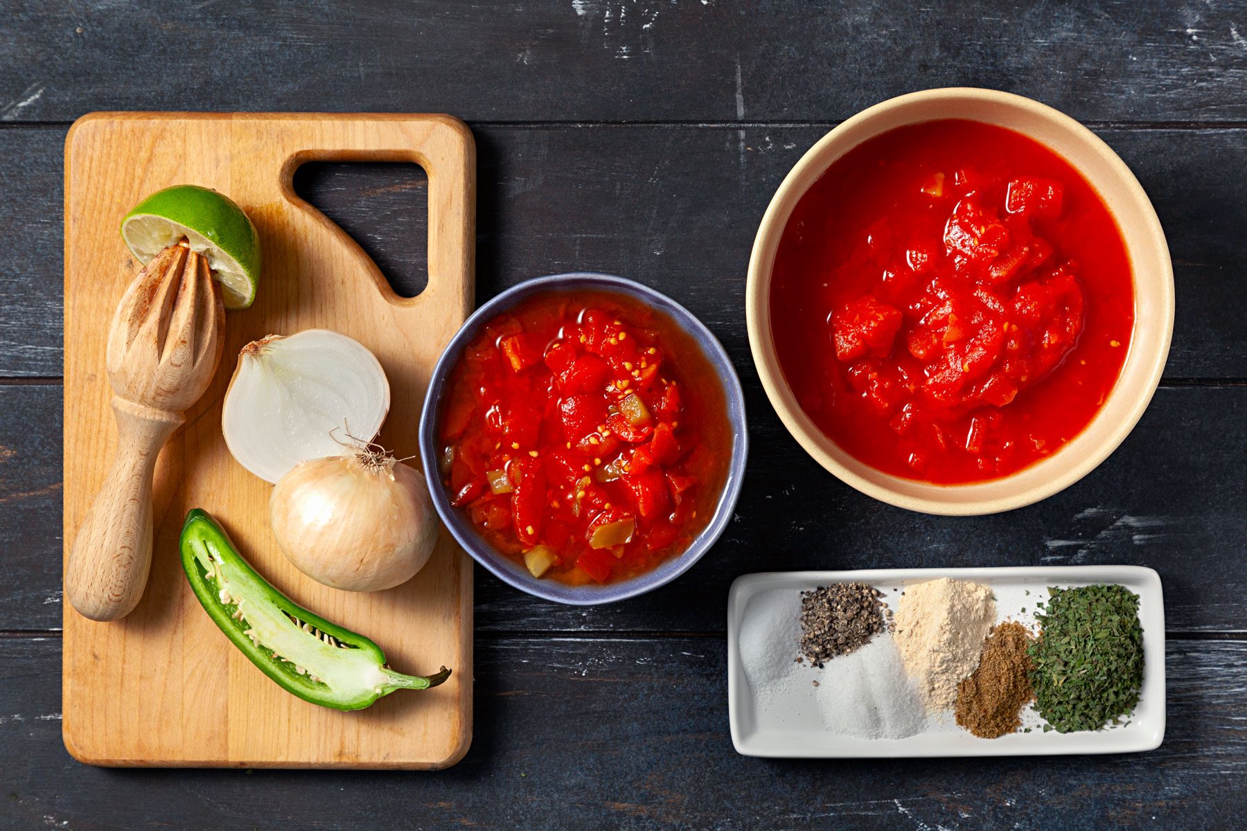 Onions, diced tomatoes, jalapeno peppers, dried cilantro, lime juice, sugar and spices.