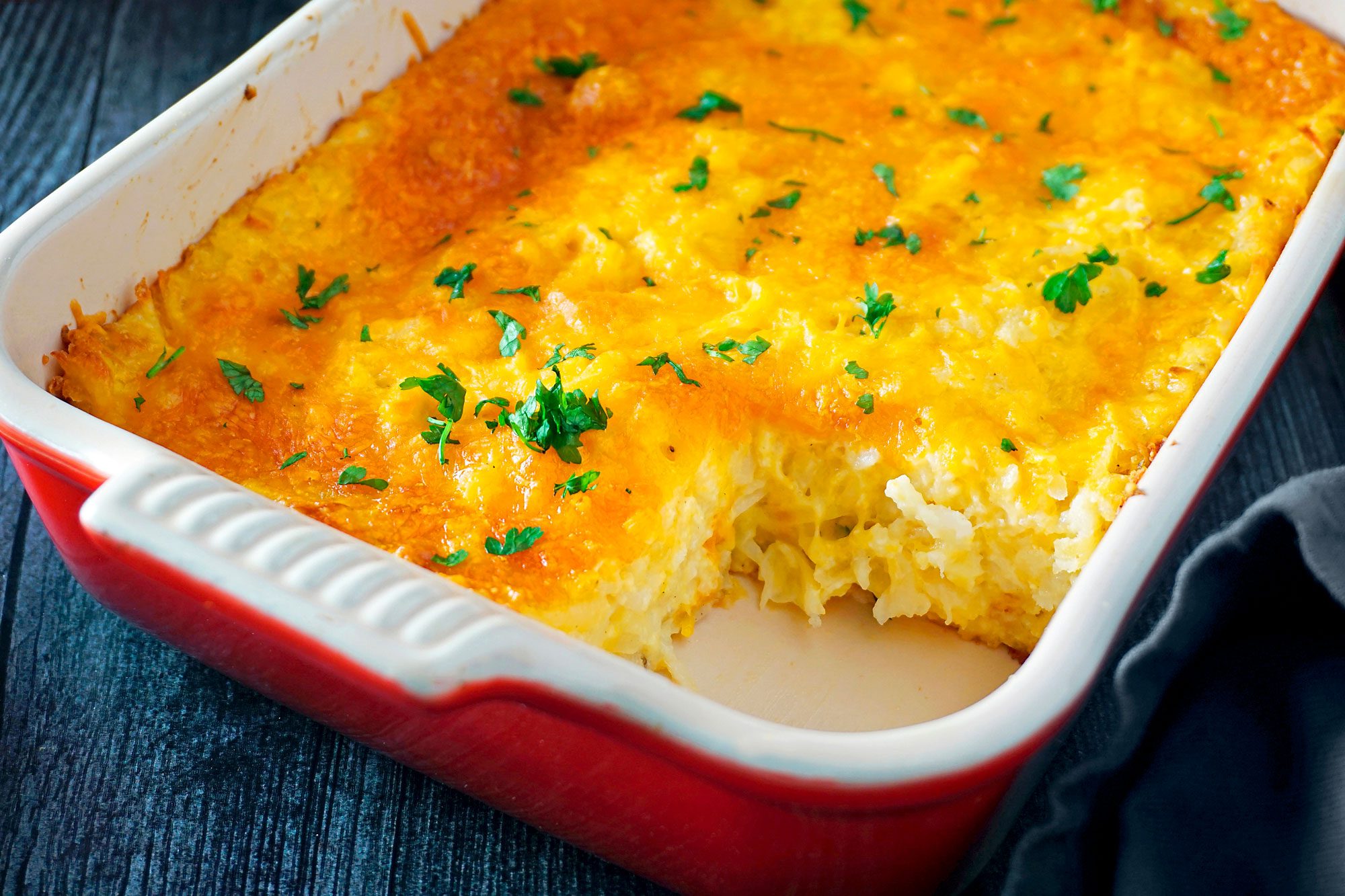 Copycat Cracker Barrel Hashbrown Casserole in a baking pan