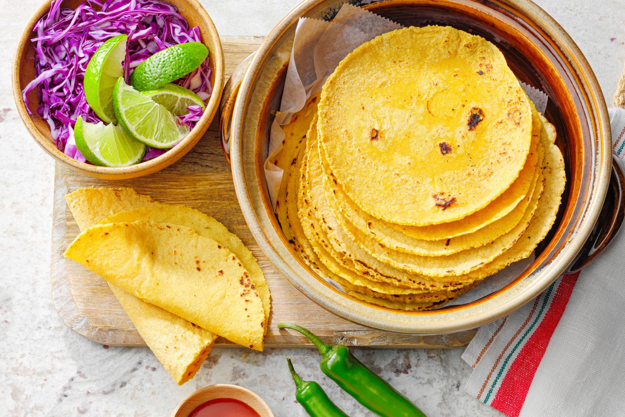 overhead shot of Corn Tortillas in tortilla warmer