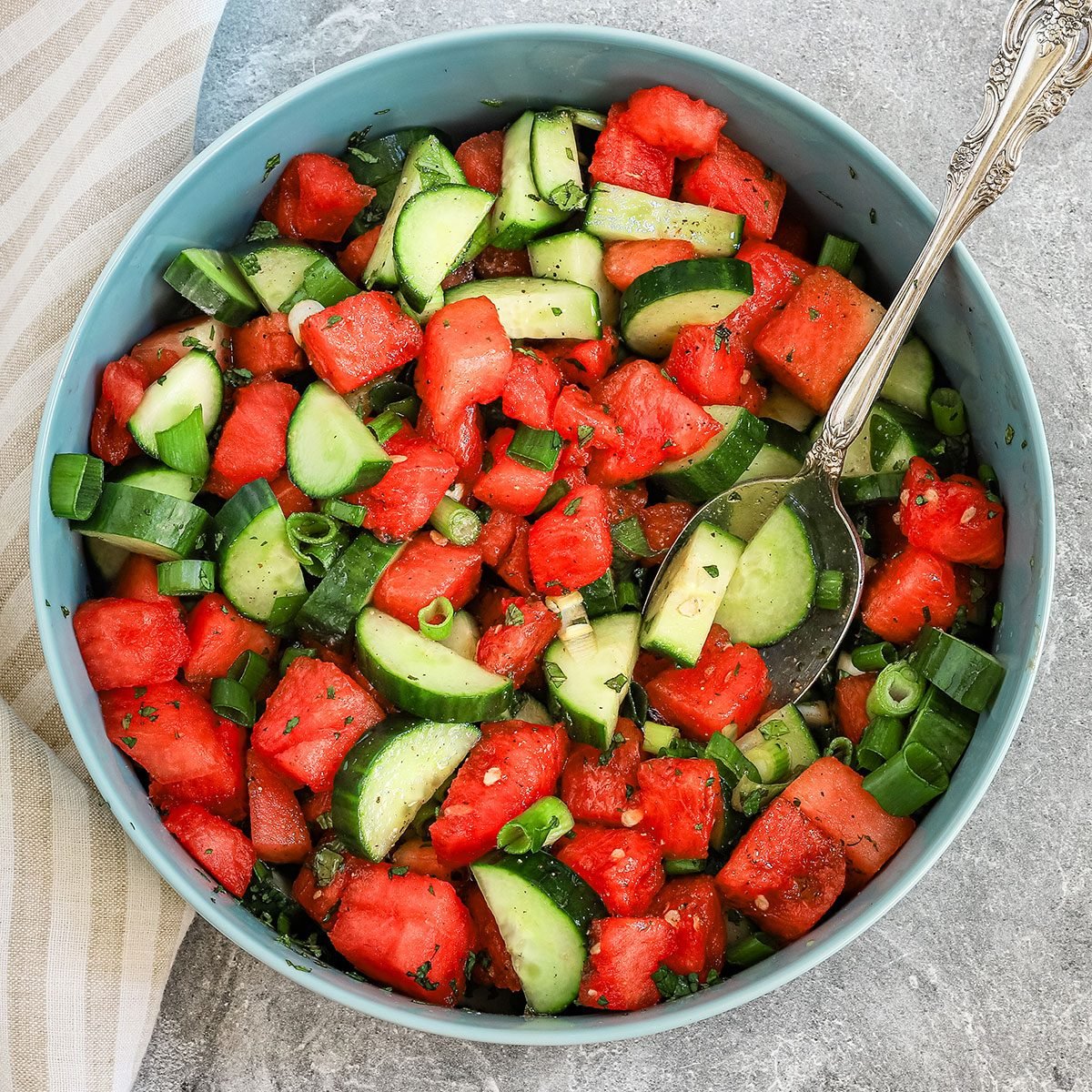 Cucumber watermelon salad in a serving bowl, from Taste of Home.