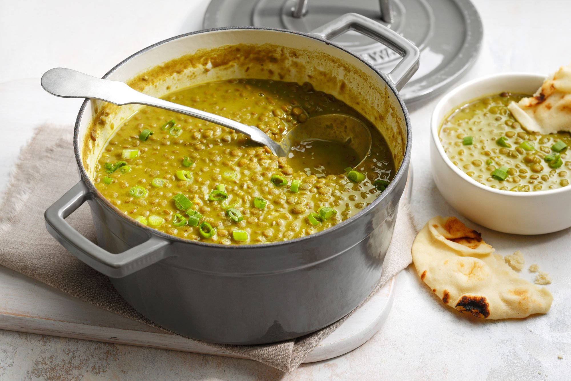 3/4th shot of Curry Lentil Soup in a pot