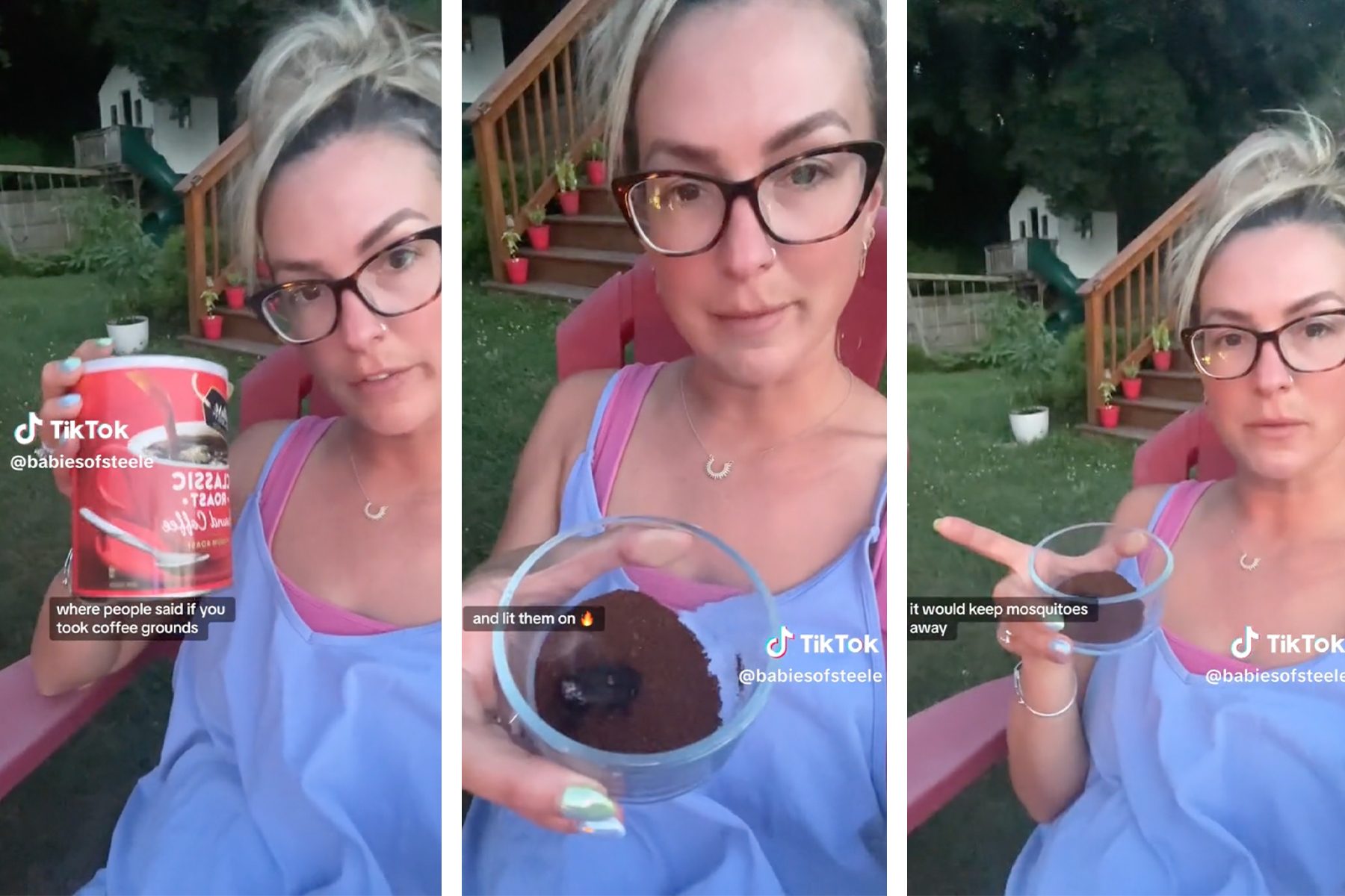 A woman with glasses sits outside, alternating between holding a Ben & Jerry's ice cream carton and a bowl of melted ice cream. She points toward the camera in the final frame. The TikTok logos and text overlays are visible in each frame.