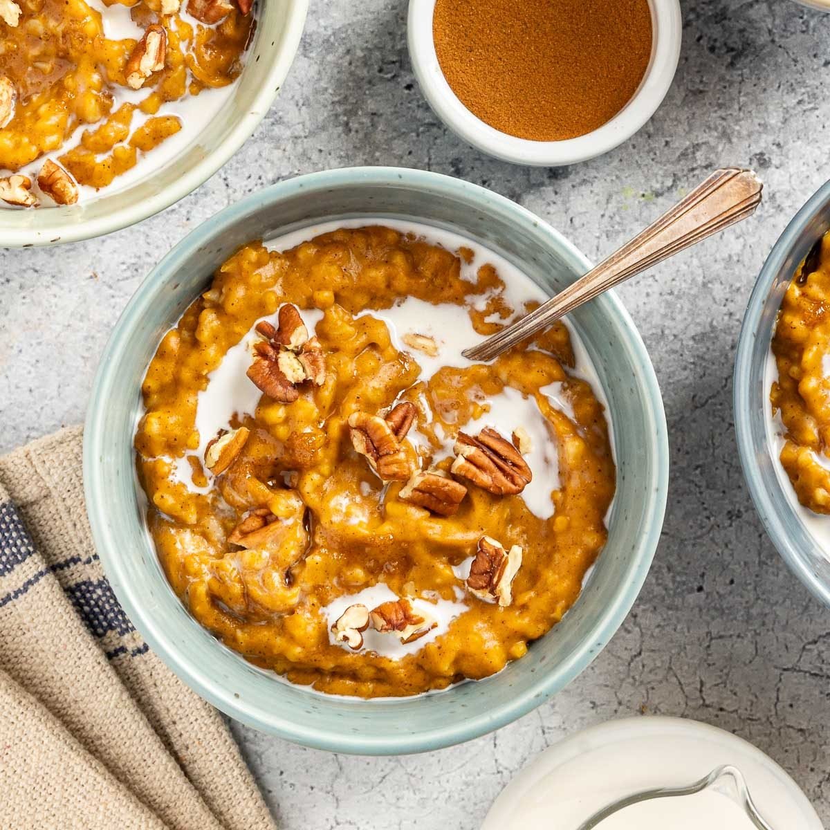 Taste of Home Pumpkin Oatmeal recipe photo of the finished oatmeal served into bowls.