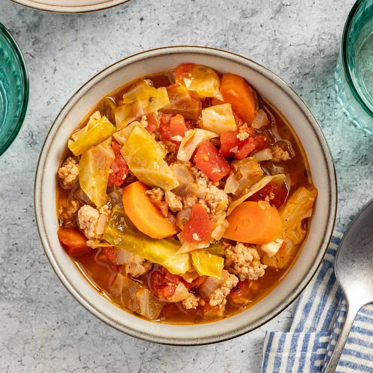 Taste of Home Cabbage Stew recipe photo of the finished stew served into bowls.