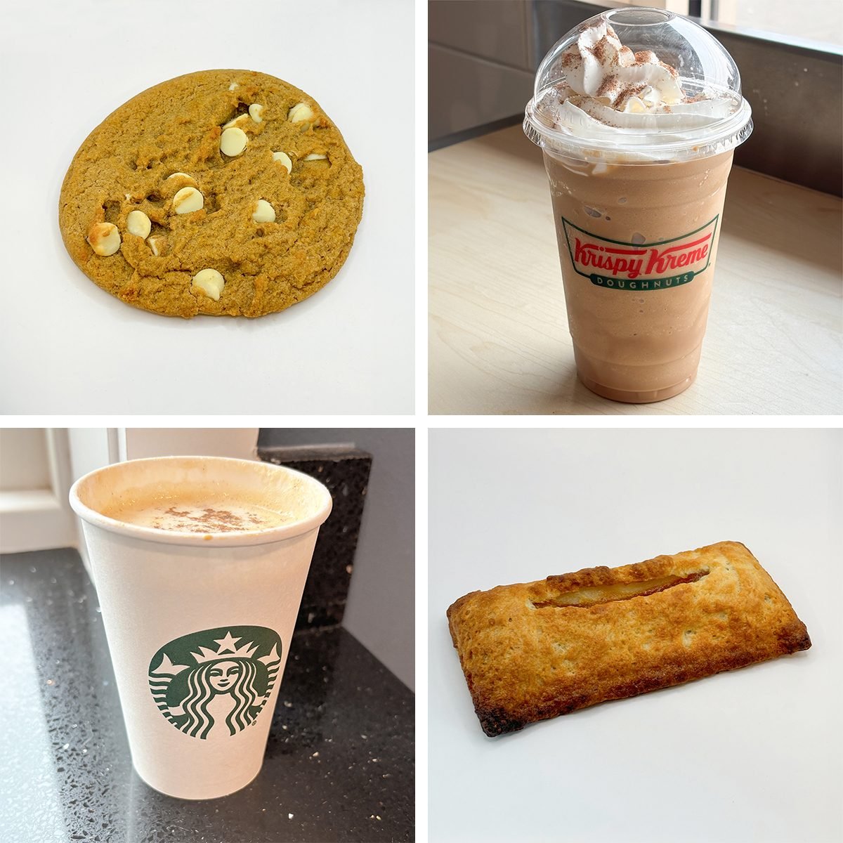 Grid of 4 fall fast food items from Starbucks, McDonalds and Krispy Kreme