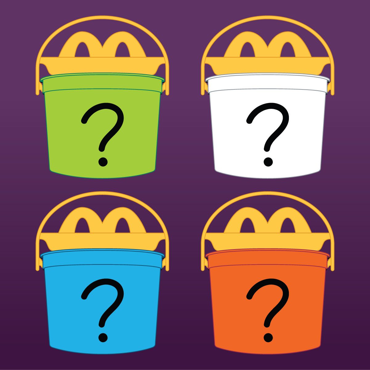 Mcdonald's Halloween Boo Buckets Orange Blue White Green Mystery on gradient purple black background