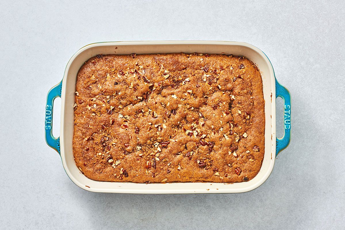 Baked Pumpkin Coffee Cake in a baking dish