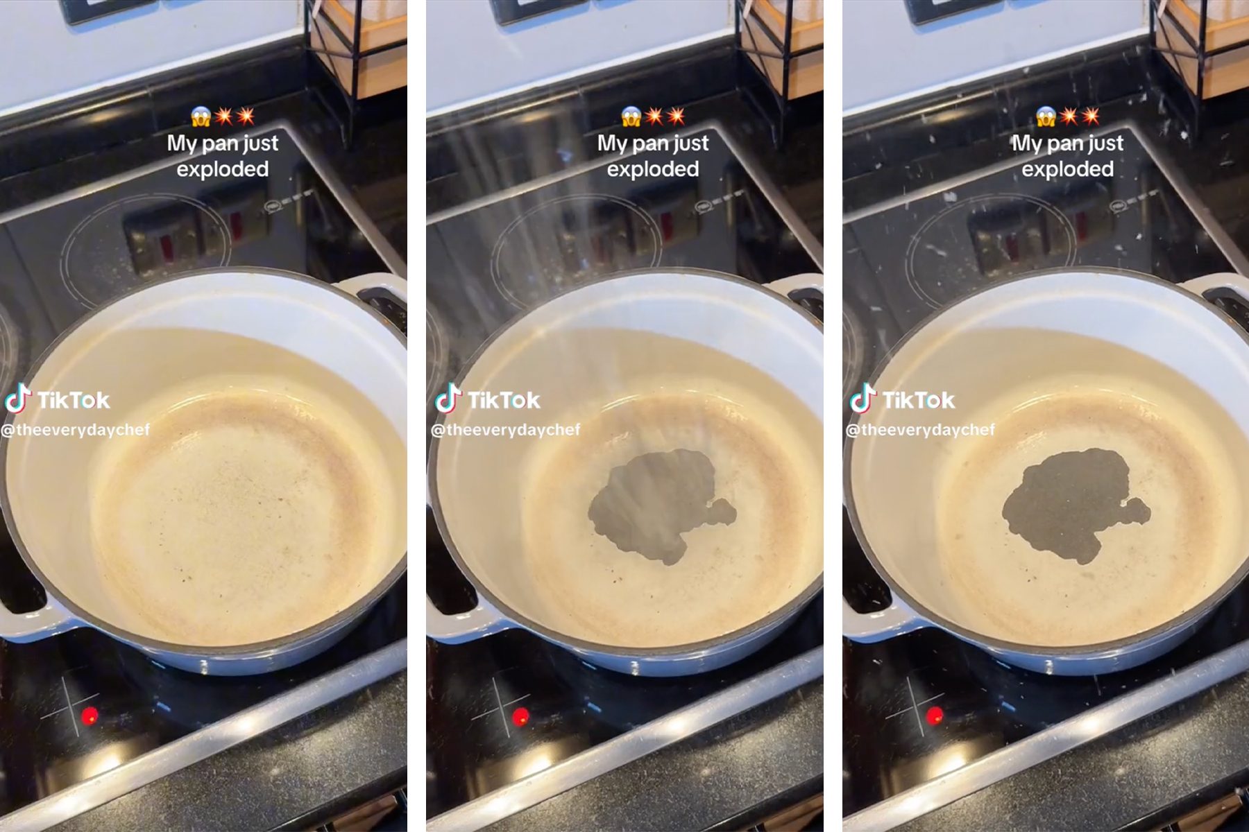 Three images side by side show a white pot on a stovetop with text overlay reading 